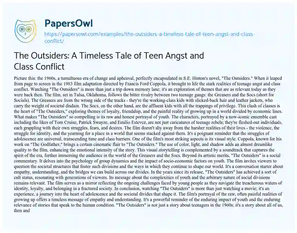 Essay on The Outsiders: a Timeless Tale of Teen Angst and Class Conflict