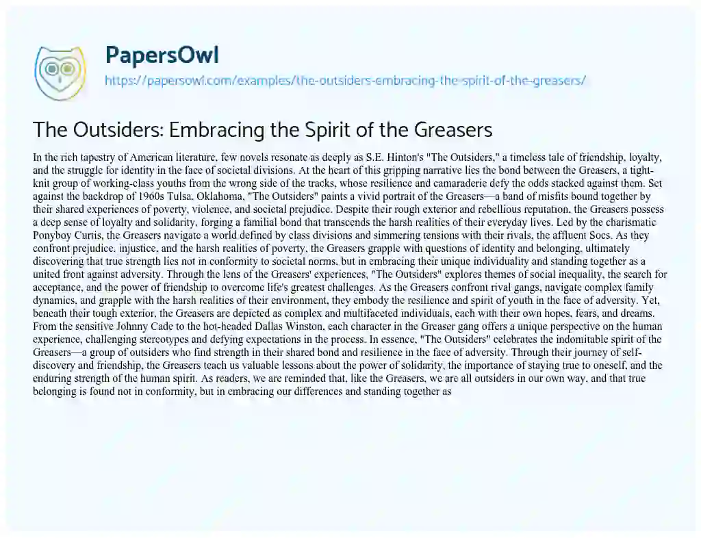 Essay on The Outsiders: Embracing the Spirit of the Greasers