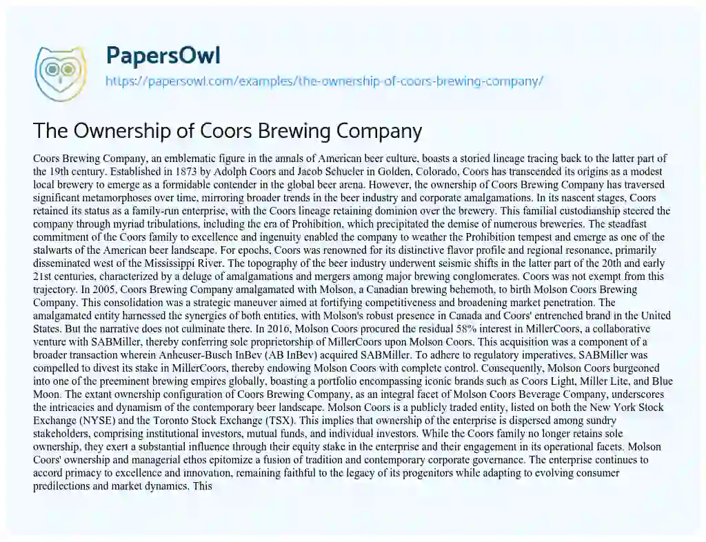 Essay on The Ownership of Coors Brewing Company