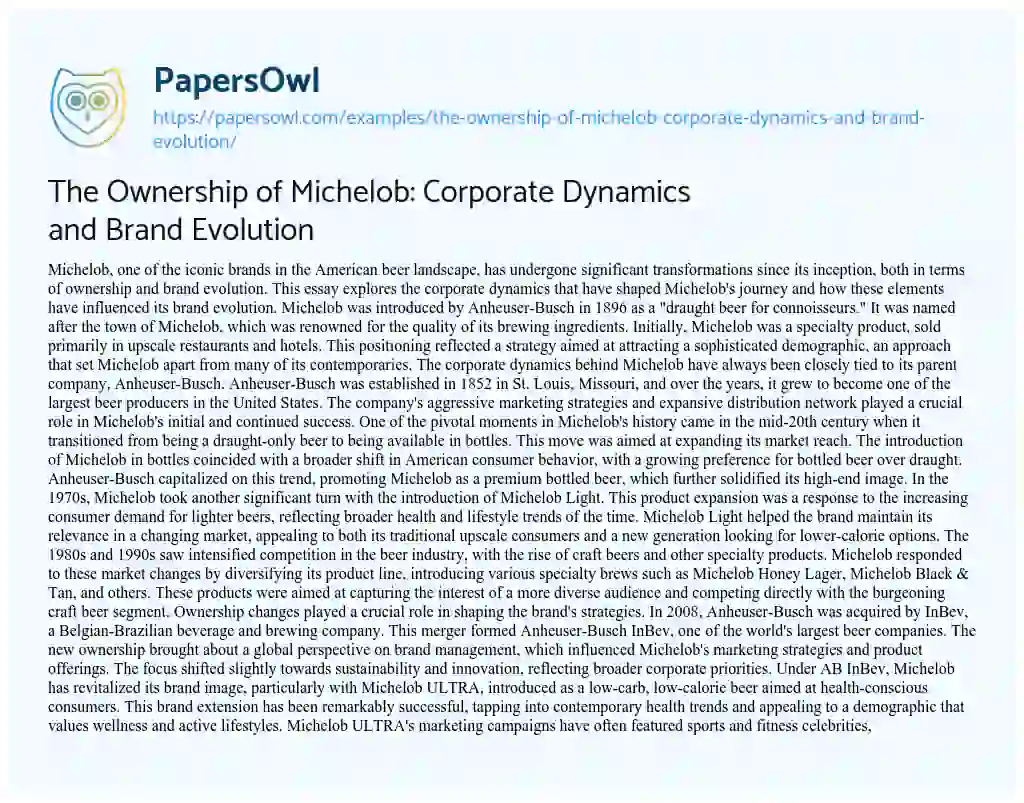 Essay on The Ownership of Michelob: Corporate Dynamics and Brand Evolution