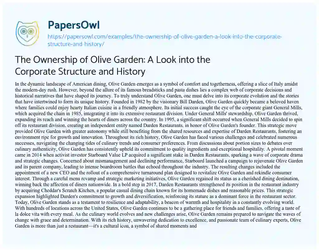 Essay on The Ownership of Olive Garden: a Look into the Corporate Structure and History