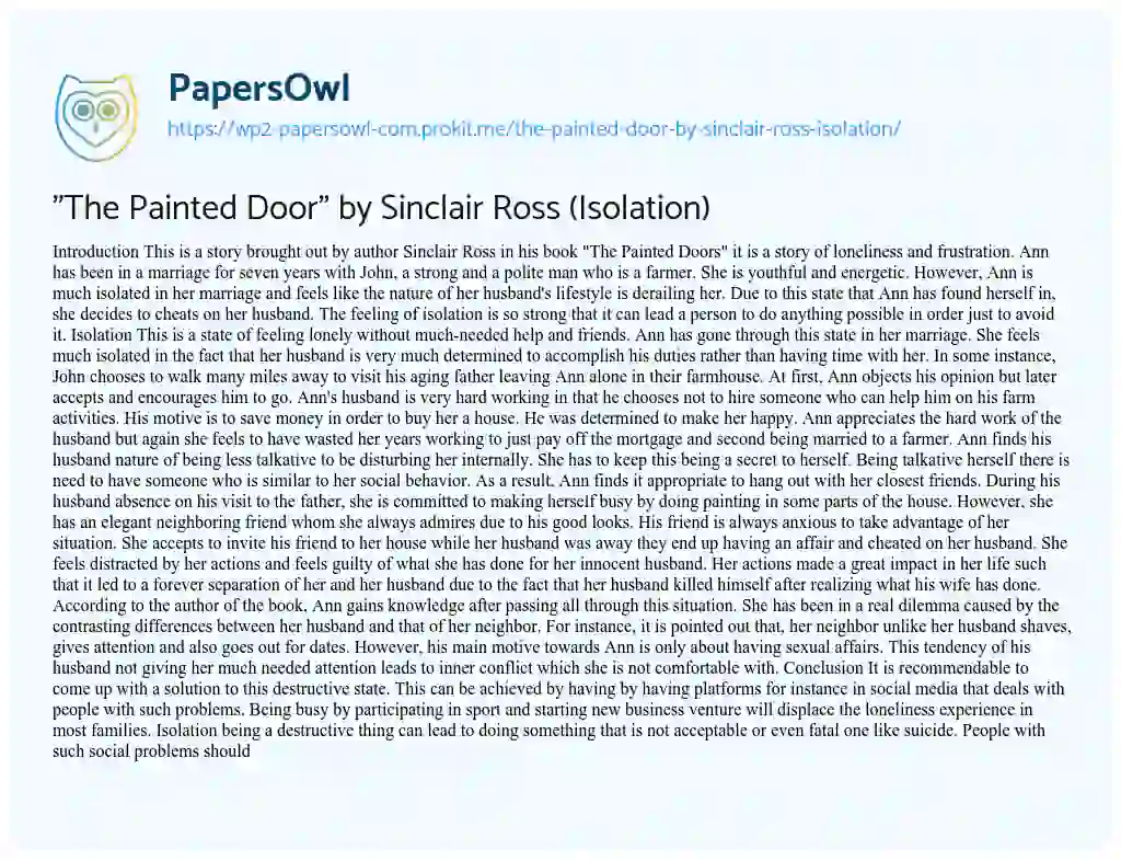 Essay on “The Painted Door” by Sinclair Ross (Isolation)
