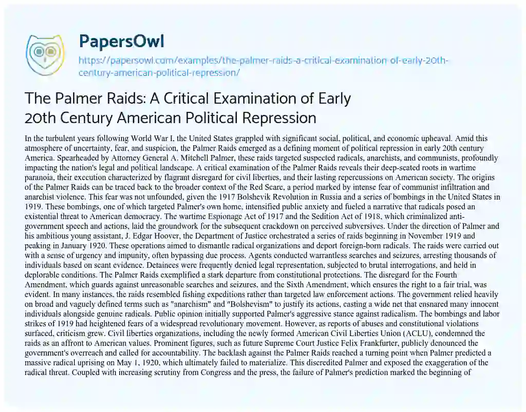 Essay on The Palmer Raids: a Critical Examination of Early 20th Century American Political Repression
