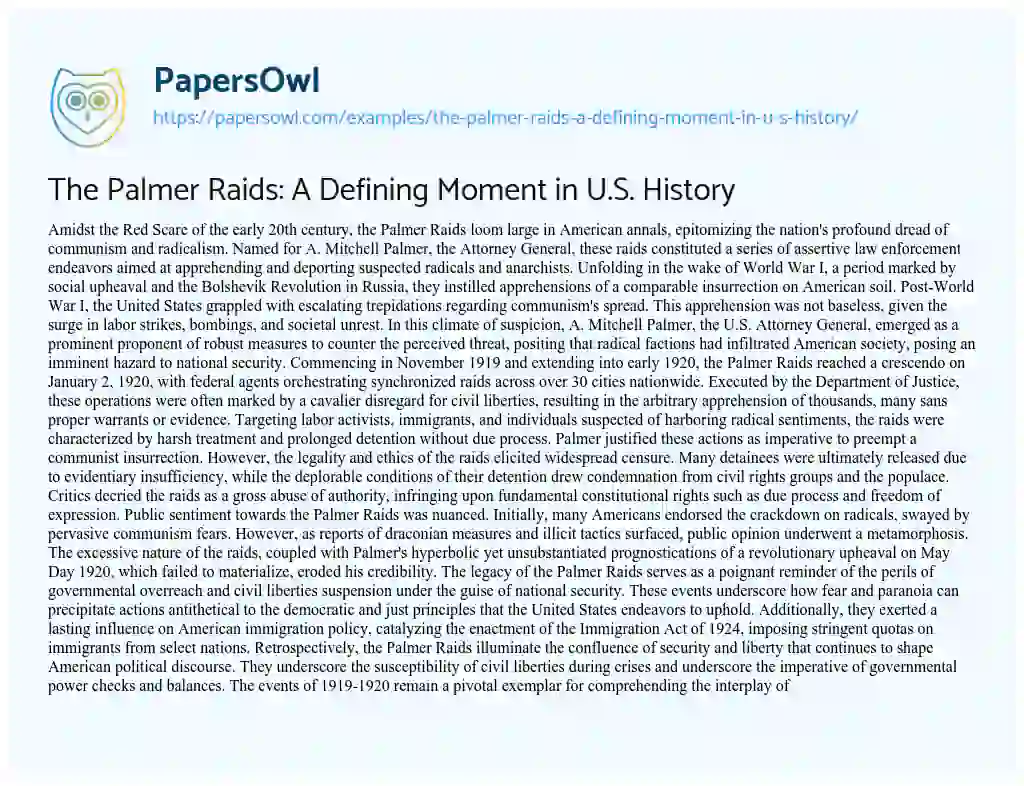 Essay on The Palmer Raids: a Defining Moment in U.S. History