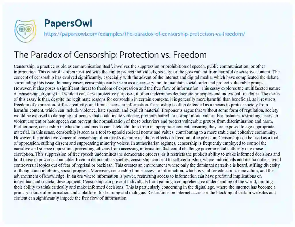 Essay on The Paradox of Censorship: Protection vs. Freedom