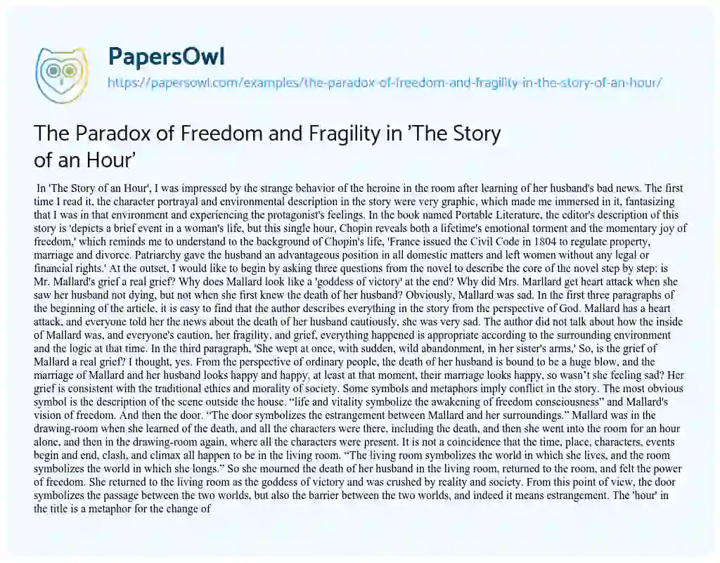 Essay on The Paradox of Freedom and Fragility in ‘The Story of an Hour’