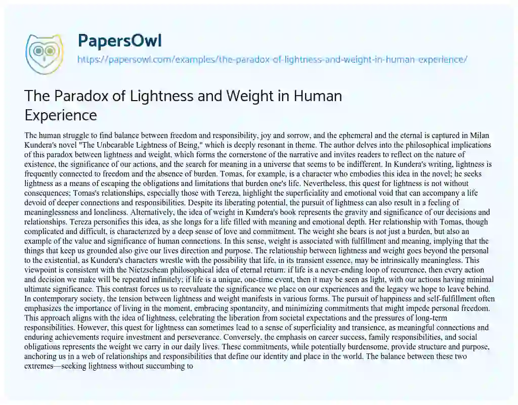 Essay on The Paradox of Lightness and Weight in Human Experience