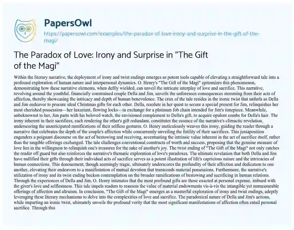 Essay on The Paradox of Love: Irony and Surprise in “The Gift of the Magi”