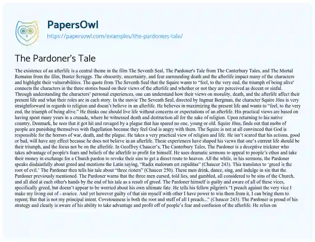 Essay on The Pardoner’s Tale