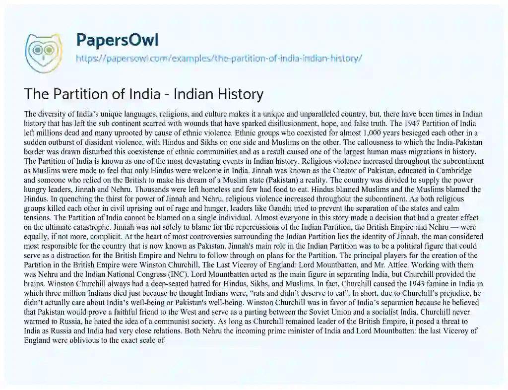Essay on The Partition of India – Indian History