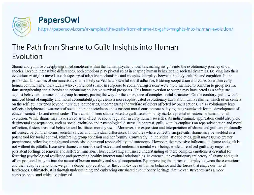 Essay on The Path from Shame to Guilt: Insights into Human Evolution