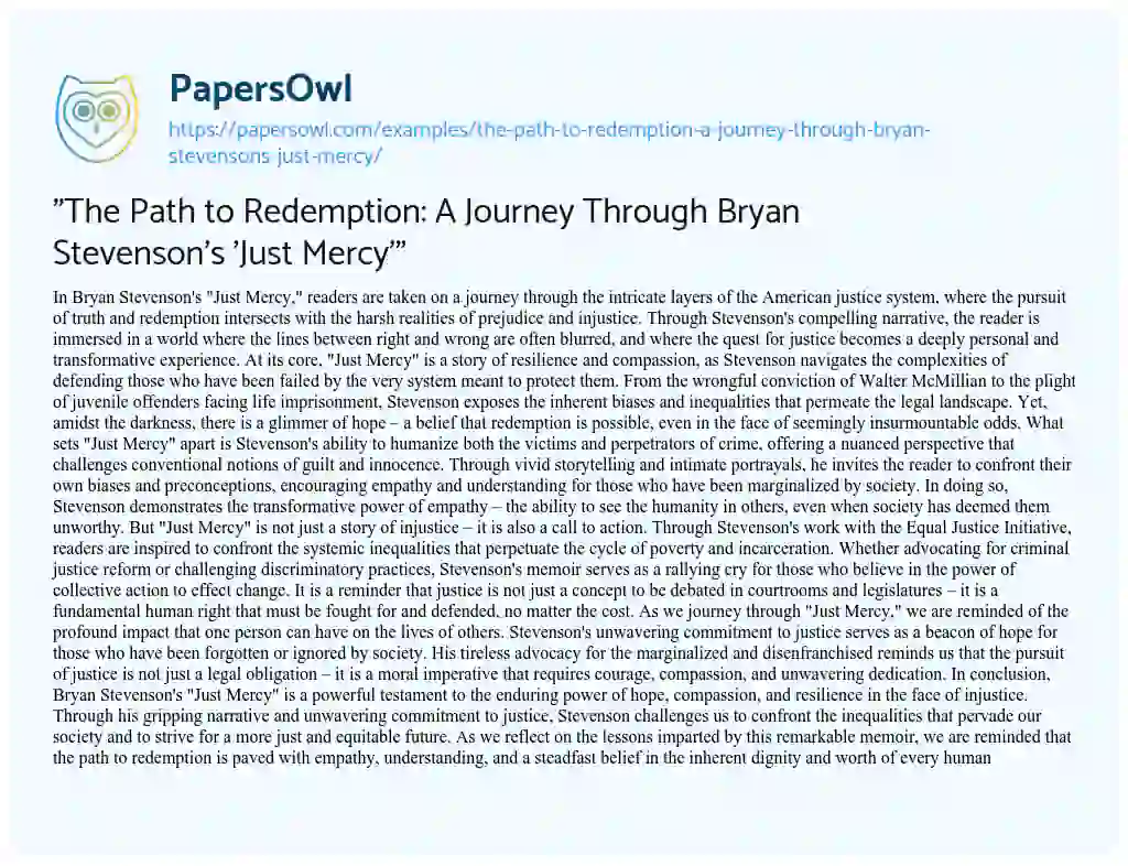 Essay on “The Path to Redemption: a Journey through Bryan Stevenson’s ‘Just Mercy'”