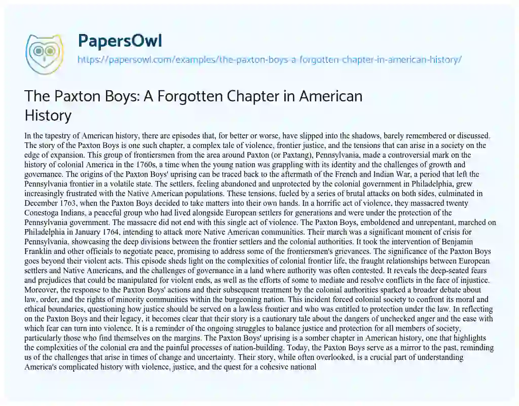 Essay on The Paxton Boys: a Forgotten Chapter in American History