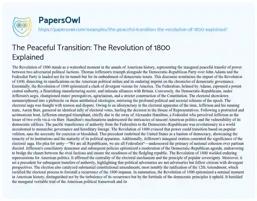 Essay on The Peaceful Transition: the Revolution of 1800 Explained