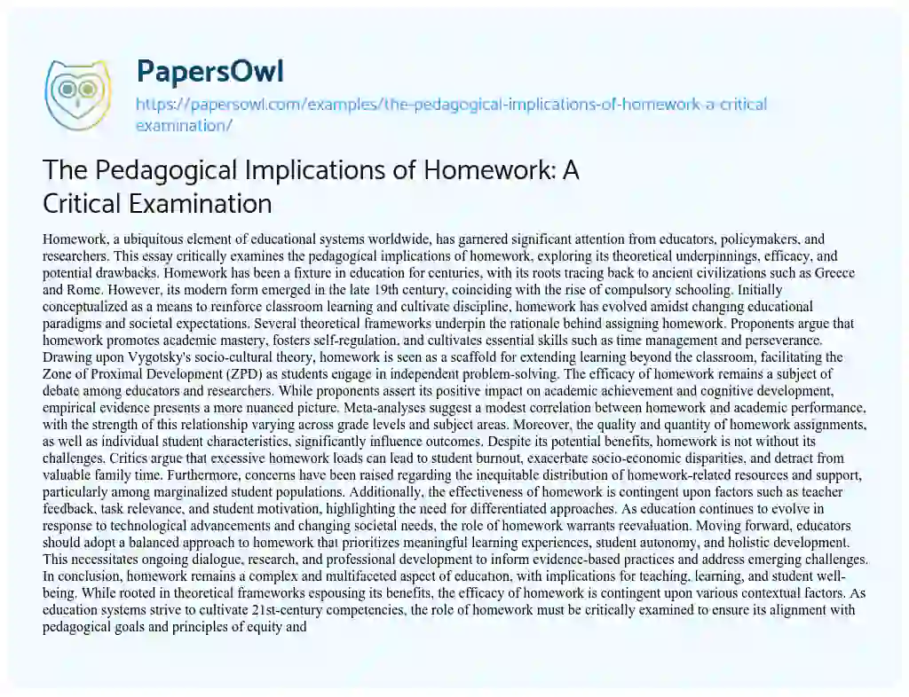 Essay on The Pedagogical Implications of Homework: a Critical Examination