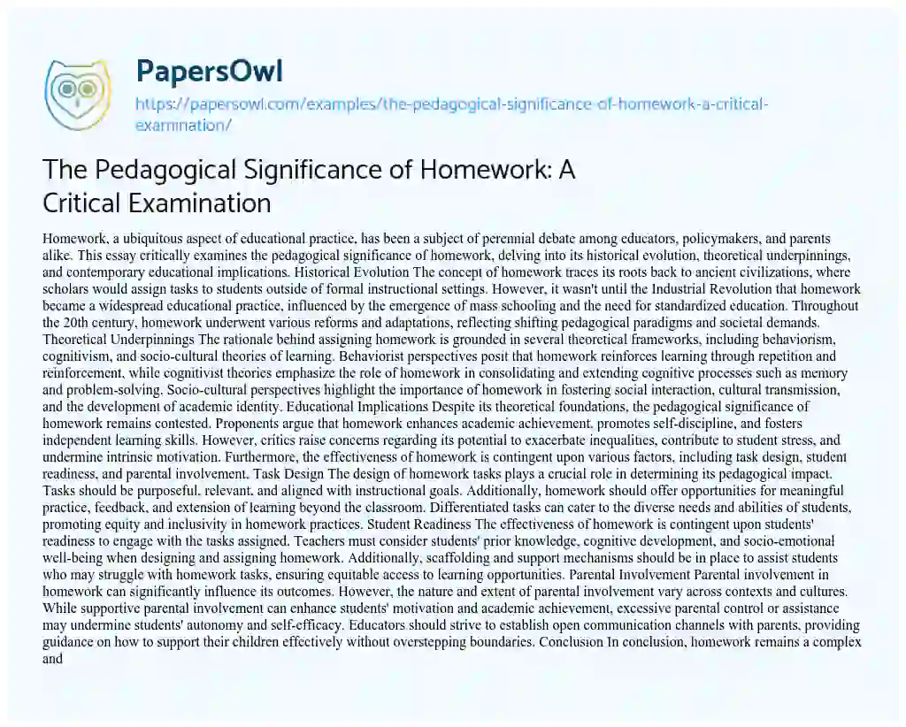 Essay on The Pedagogical Significance of Homework: a Critical Examination