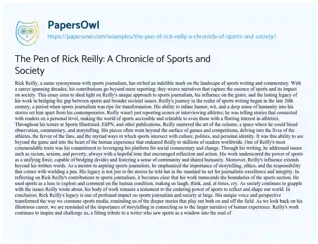 Essay on The Pen of Rick Reilly: a Chronicle of Sports and Society