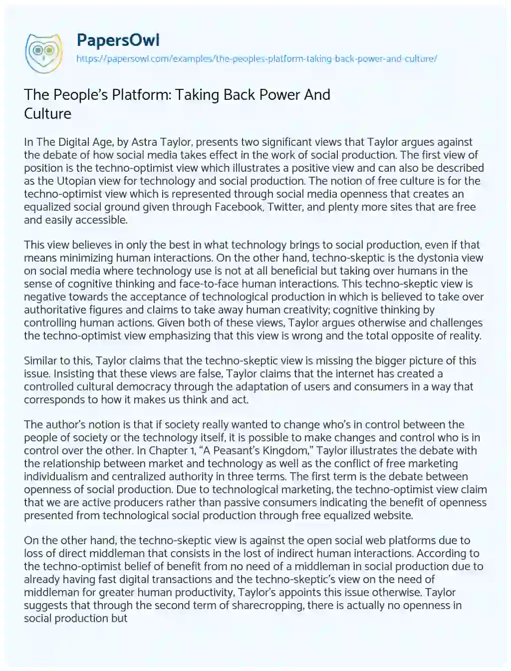 Essay on The People’s Platform: Taking Back Power and Culture