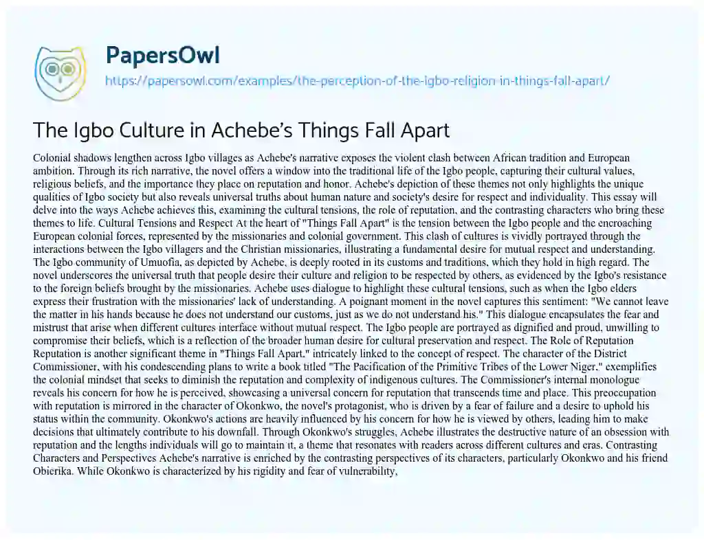 Essay on The Perception of the Igbo Religion in Things Fall Apart