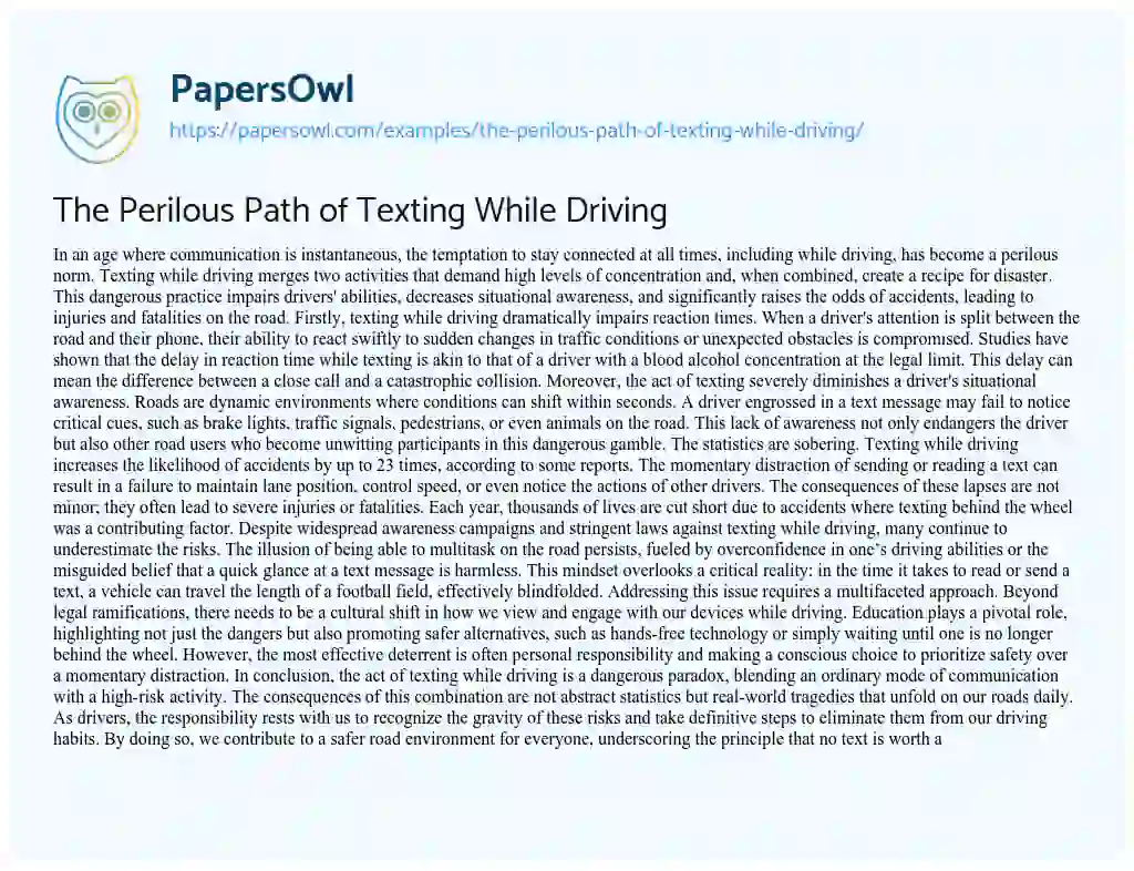 Essay on The Perilous Path of Texting while Driving