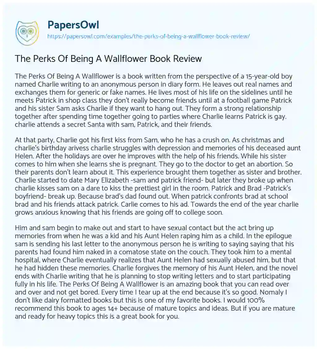 Essay on The Perks of being a Wallflower Book Review