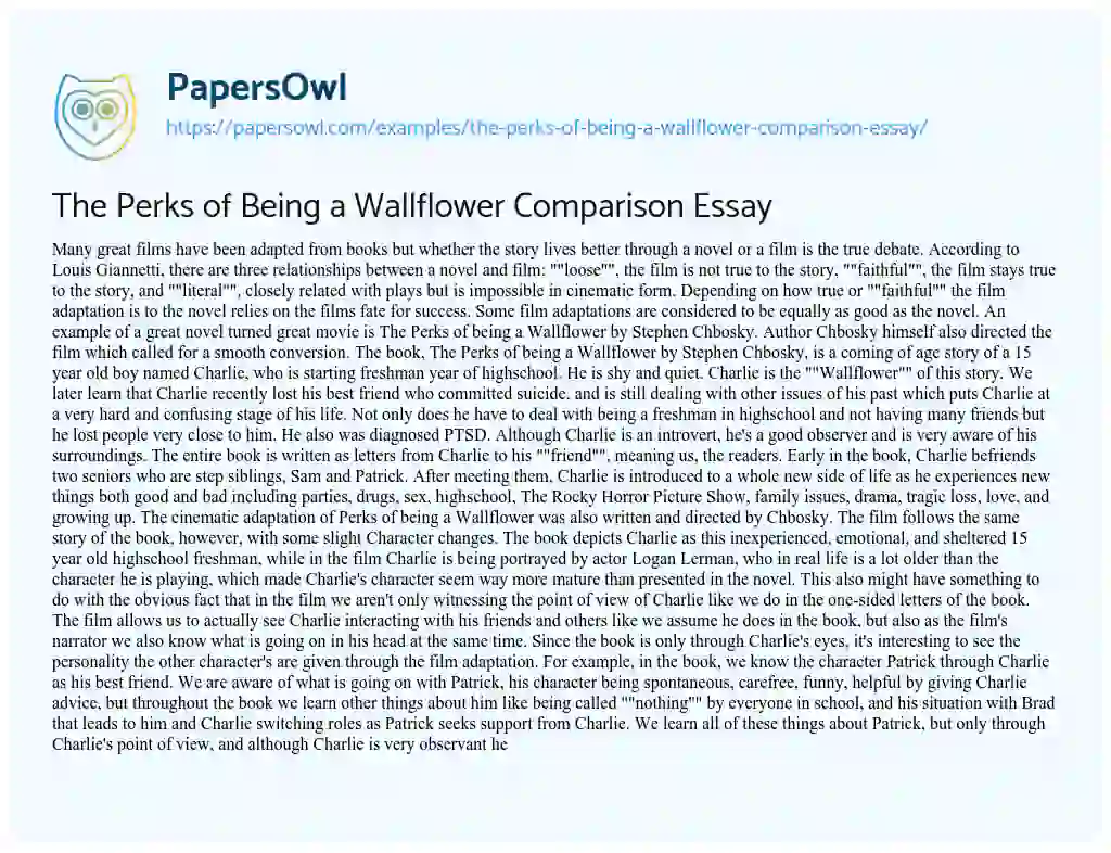 Essay on The Perks of being a Wallflower Comparison Essay