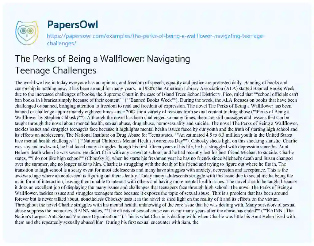 Essay on The Perks of being a Wallflower: Navigating Teenage Challenges