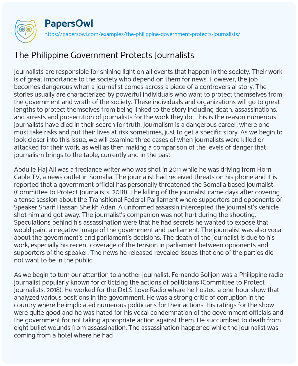 Essay on The Philippine Government Protects Journalists