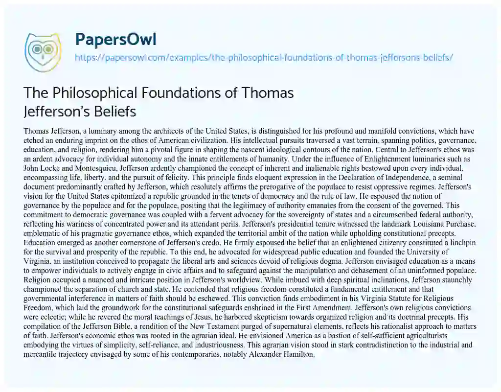 Essay on The Philosophical Foundations of Thomas Jefferson’s Beliefs