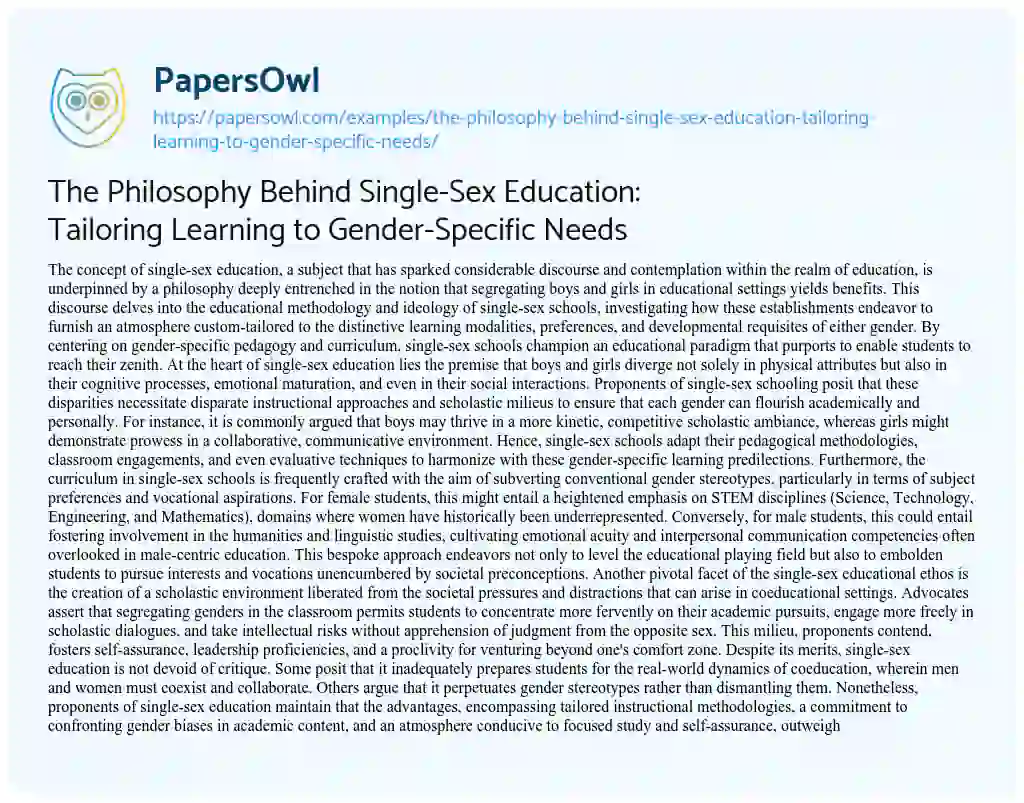 Essay on The Philosophy Behind Single-Sex Education: Tailoring Learning to Gender-Specific Needs