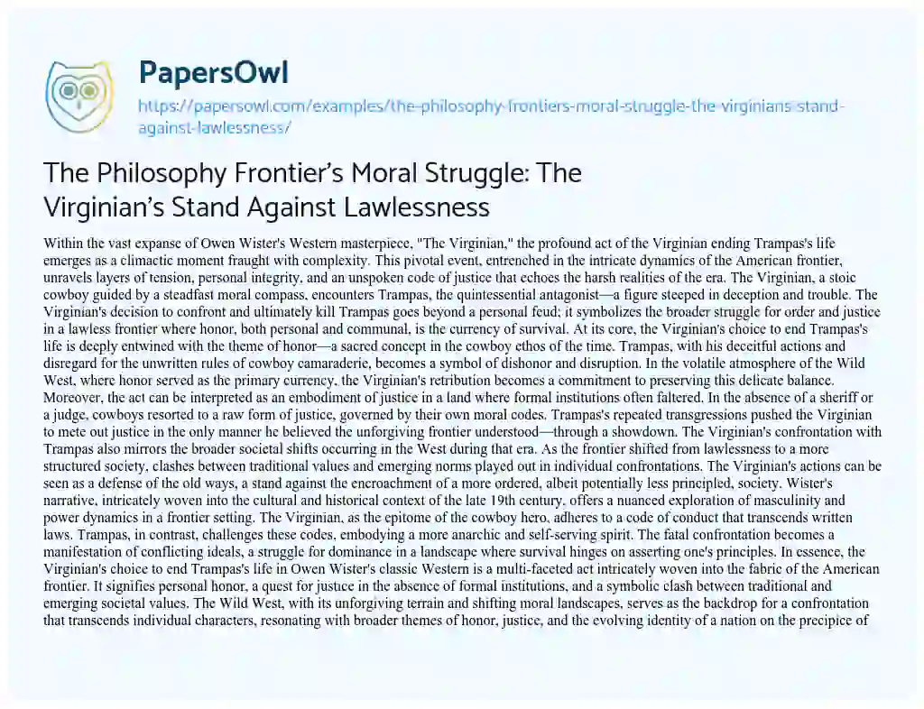 Essay on The Philosophy Frontier’s Moral Struggle: the Virginian’s Stand against Lawlessness