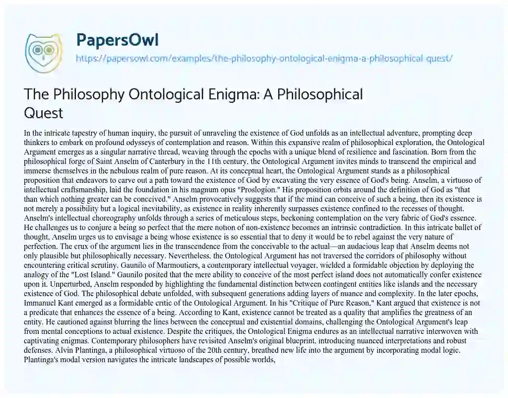 Essay on The Philosophy Ontological Enigma: a Philosophical Quest