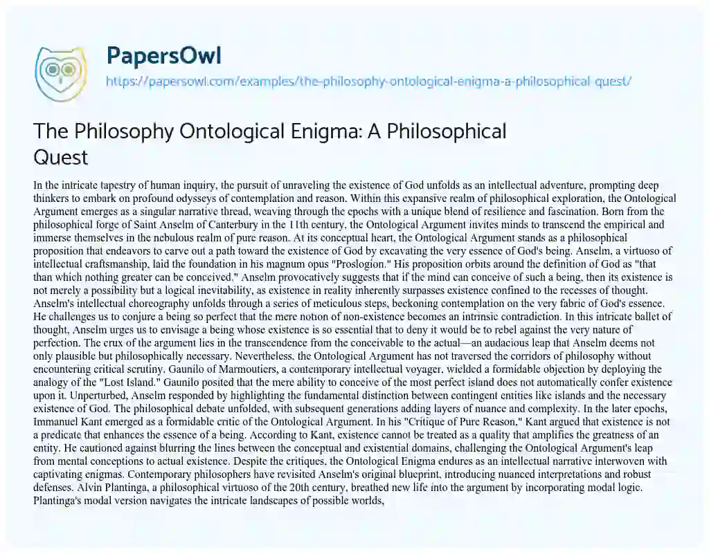 Essay on The Philosophy Ontological Enigma: A Philosophical Quest