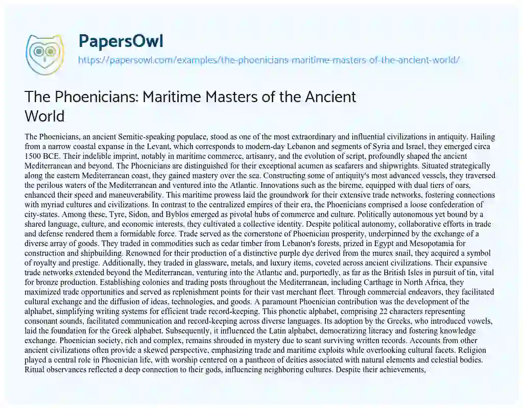 Essay on The Phoenicians: Maritime Masters of the Ancient World