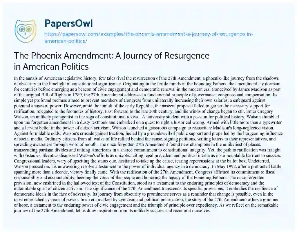 Essay on The Phoenix Amendment: a Journey of Resurgence in American Politics