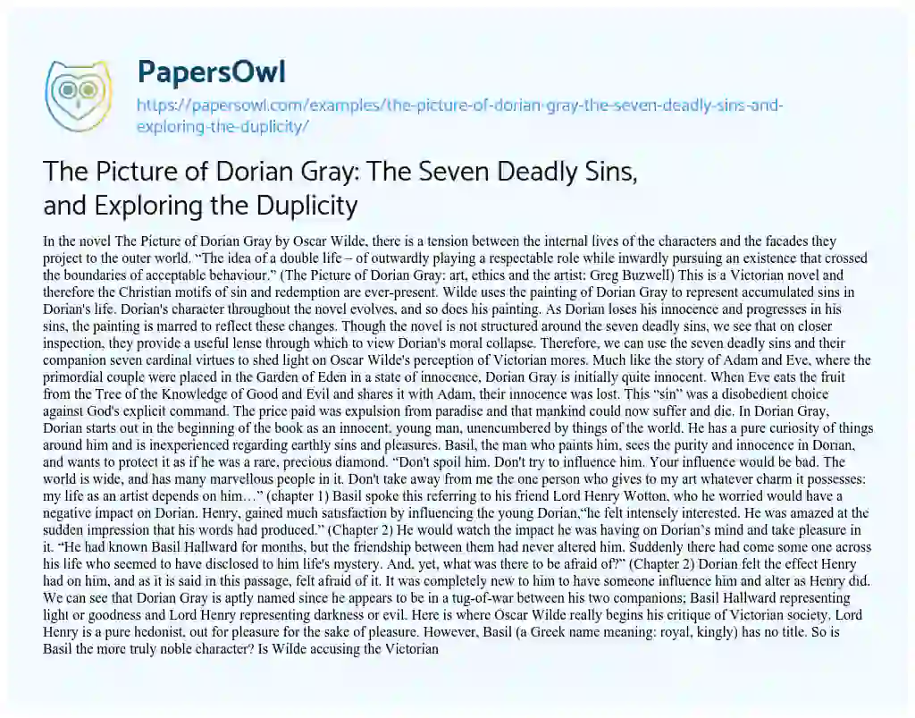 Essay on The Picture of Dorian Gray: the Seven Deadly Sins, and Exploring the Duplicity