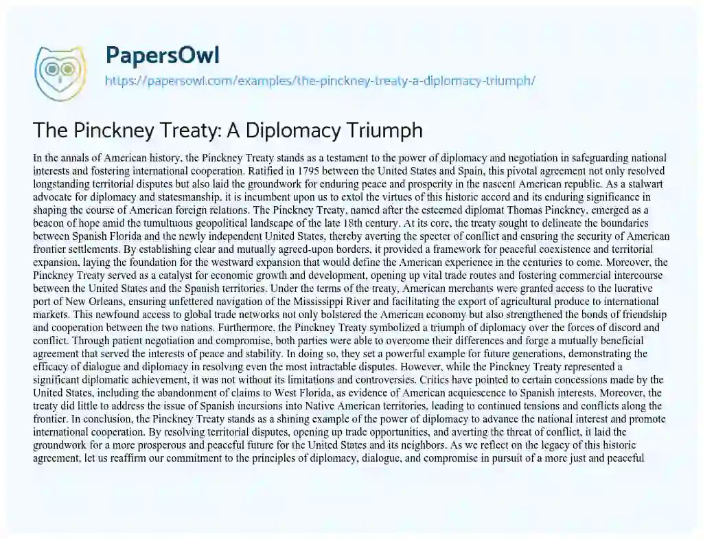 Essay on The Pinckney Treaty: a Diplomacy Triumph