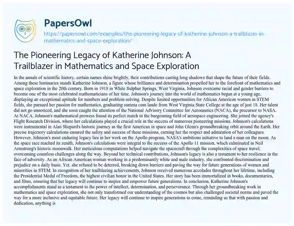 Essay on The Pioneering Legacy of Katherine Johnson: a Trailblazer in Mathematics and Space Exploration