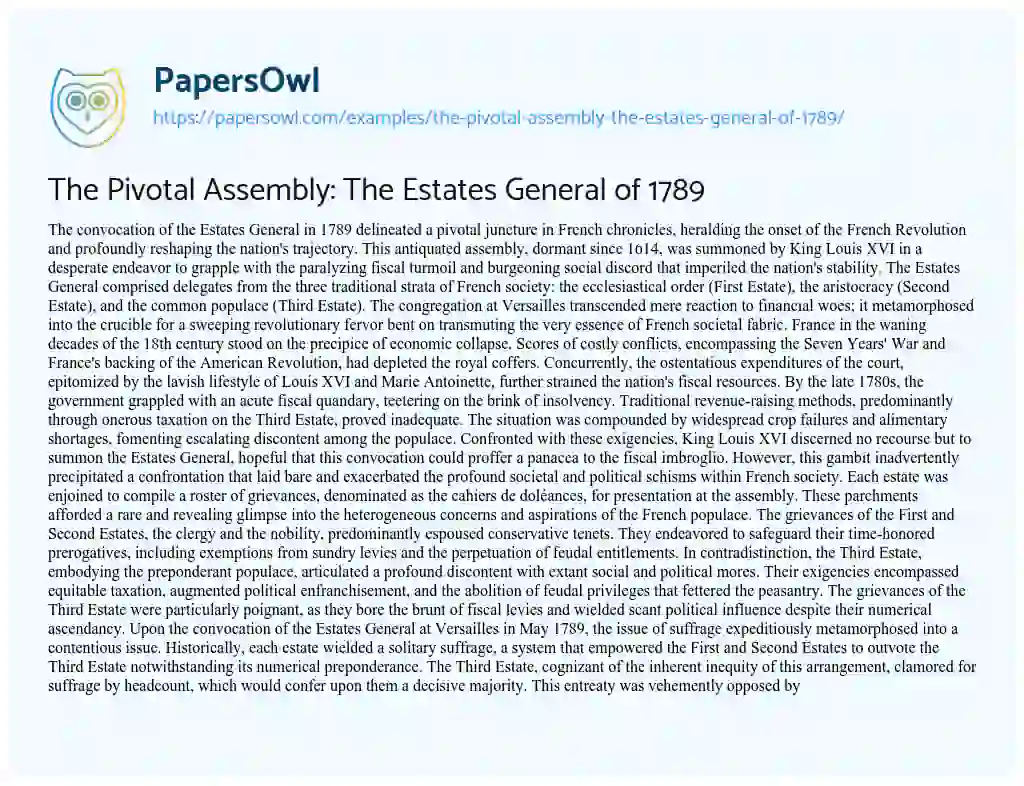 Essay on The Pivotal Assembly: the Estates General of 1789