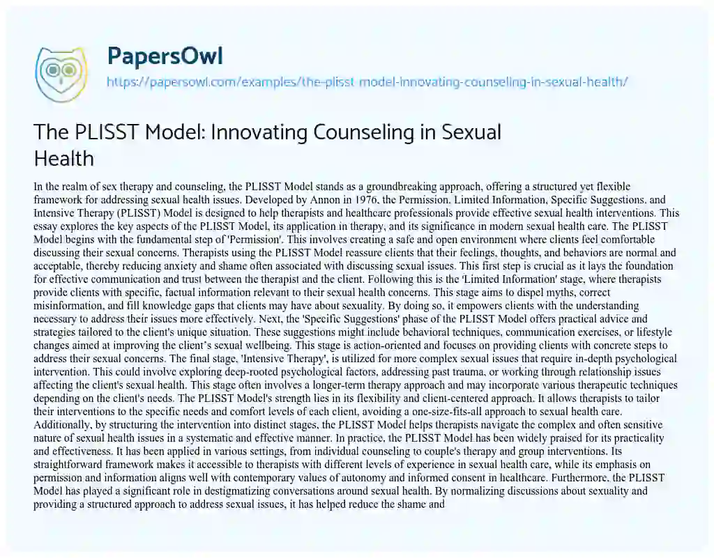 Essay on The PLISST Model: Innovating Counseling in Sexual Health