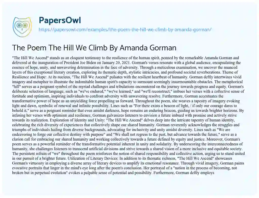 Essay on The Poem the Hill we Climb by Amanda Gorman