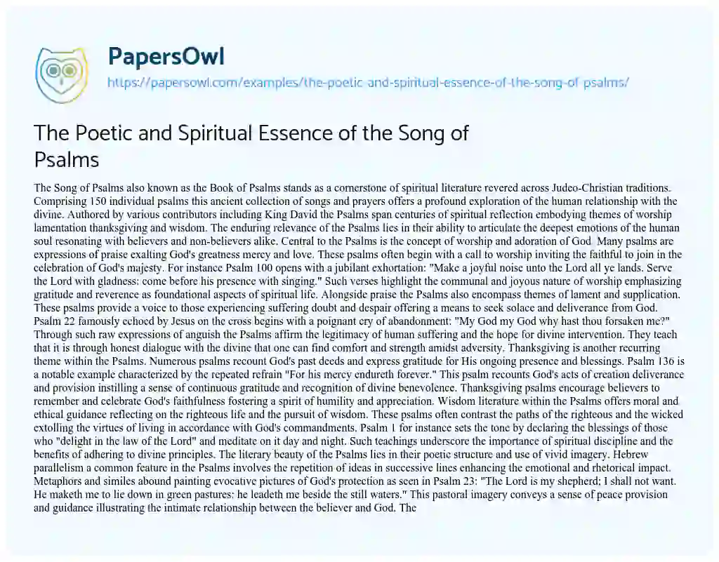 Essay on The Poetic and Spiritual Essence of the Song of Psalms