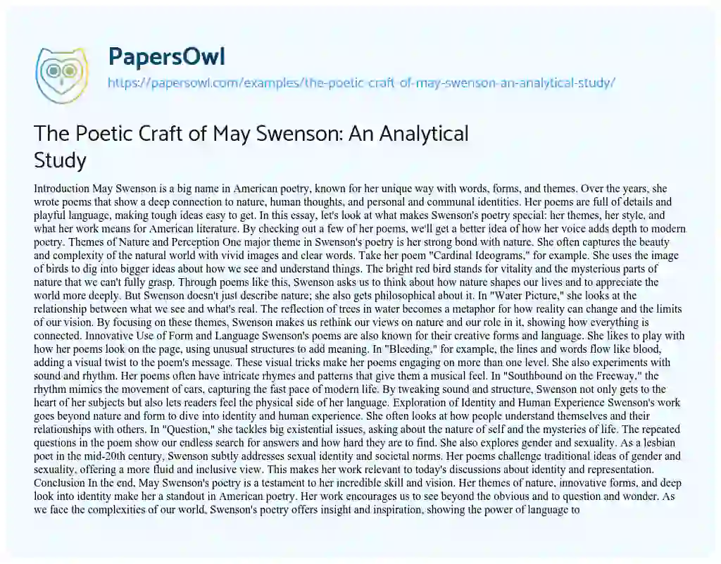 Essay on The Poetic Craft of May Swenson: an Analytical Study