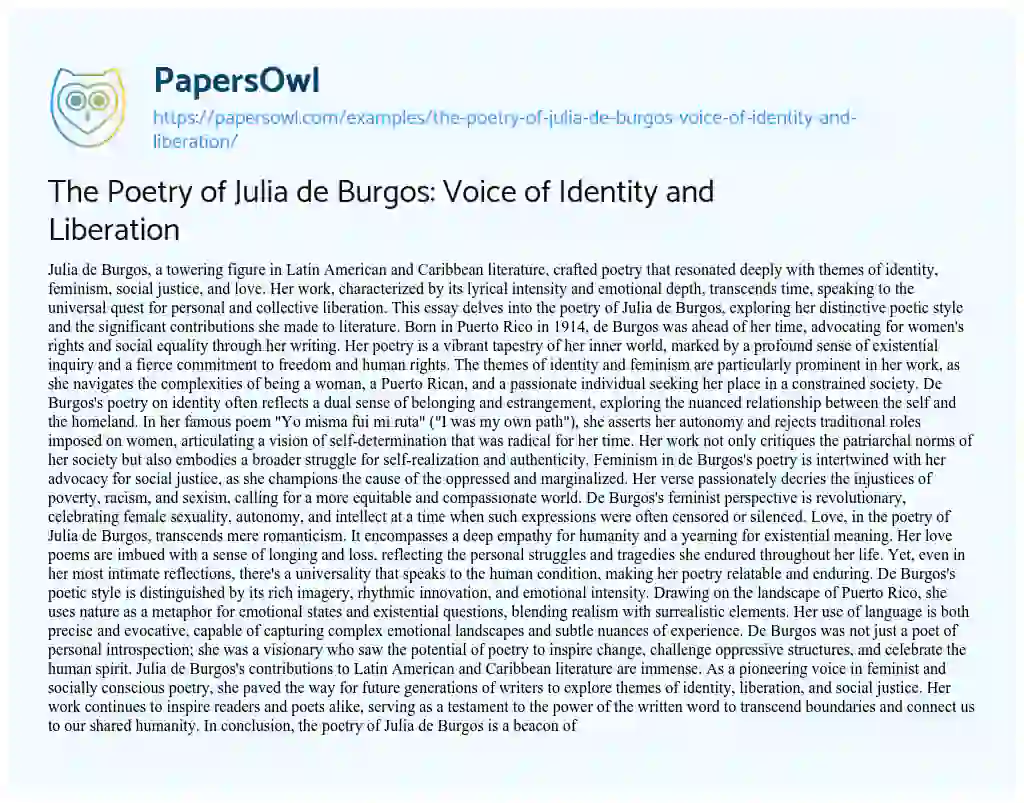 Essay on The Poetry of Julia De Burgos: Voice of Identity and Liberation