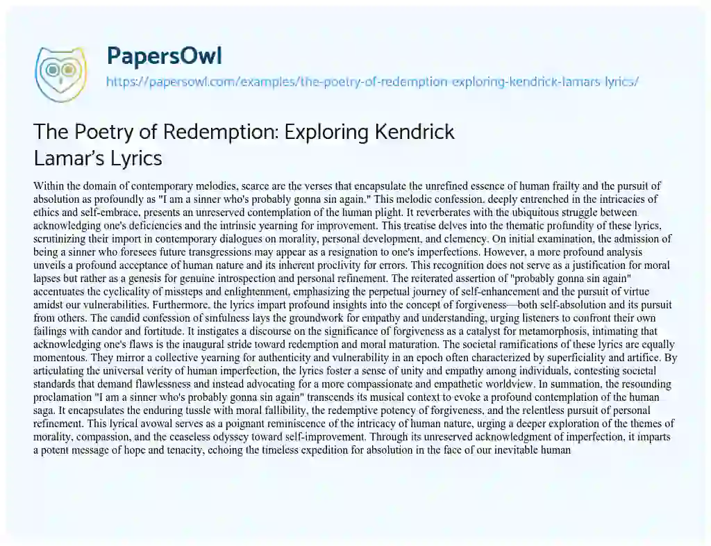 Essay on The Poetry of Redemption: Exploring Kendrick Lamar’s Lyrics