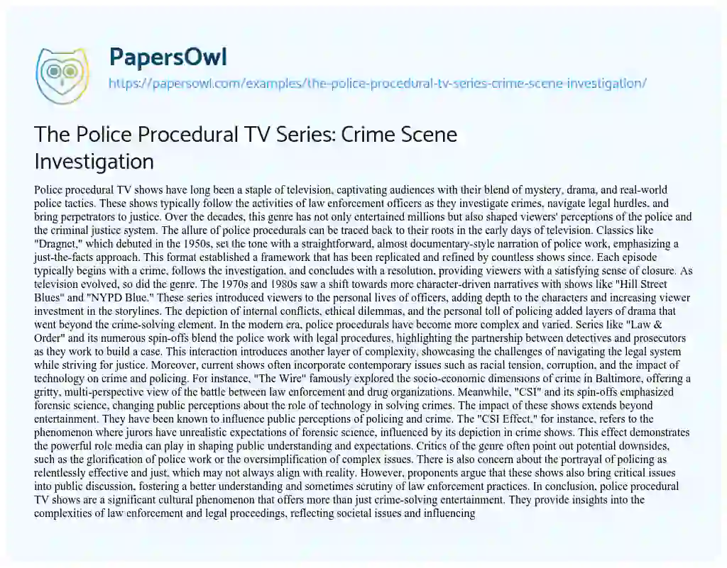 Essay on The Police Procedural TV Series: Crime Scene Investigation