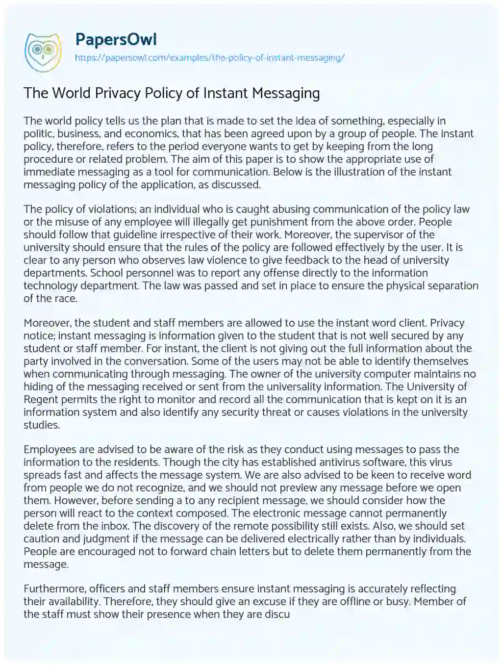 Essay on The World Privacy Policy of Instant Messaging