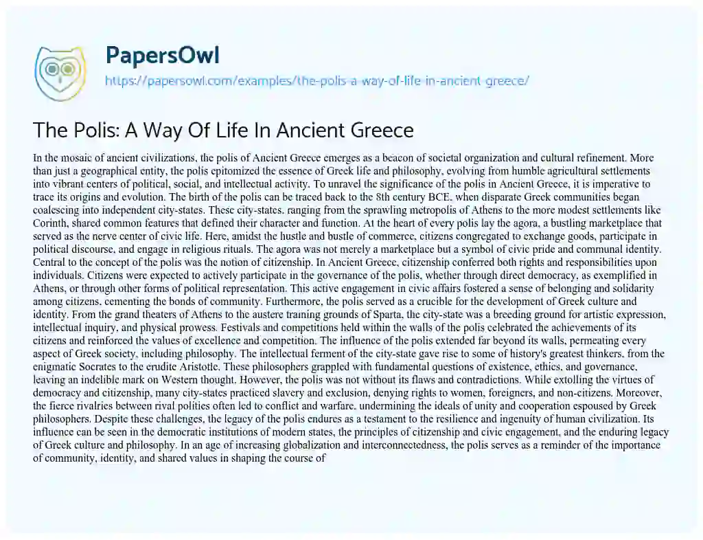 Essay on The Polis: a Way of Life in Ancient Greece
