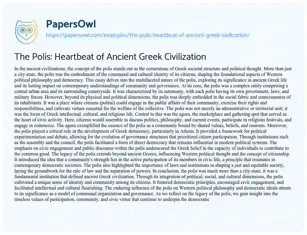 Essay on The Polis: Heartbeat of Ancient Greek Civilization