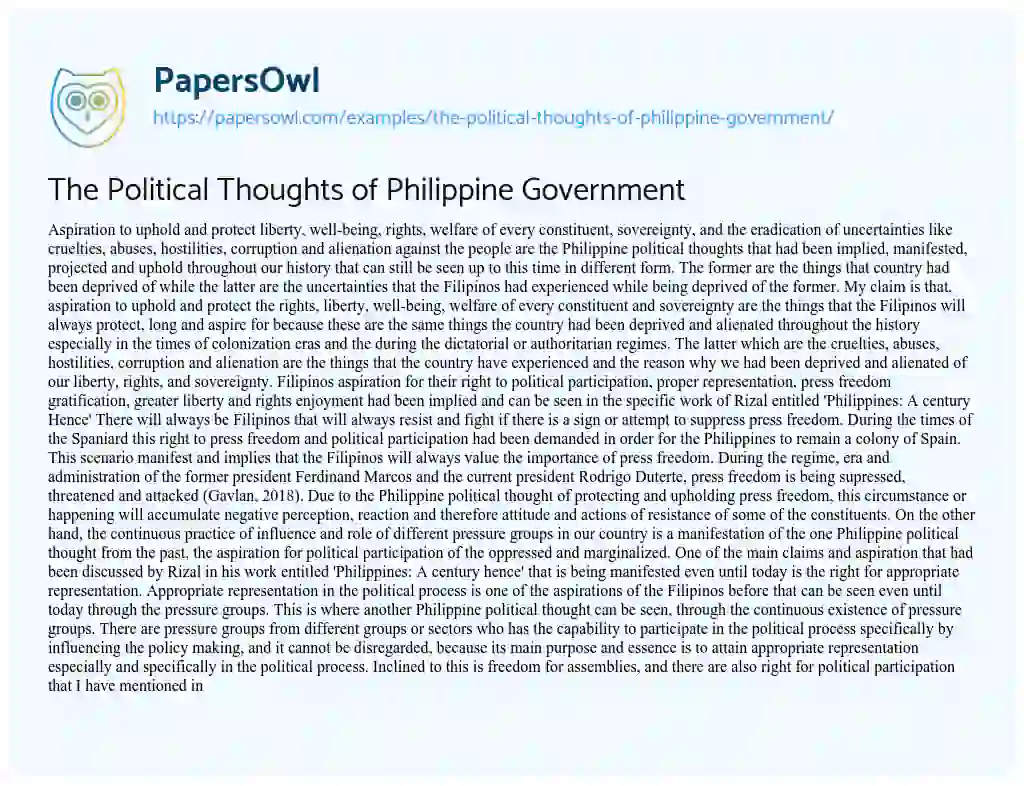The Political Thoughts of Philippine Government essay